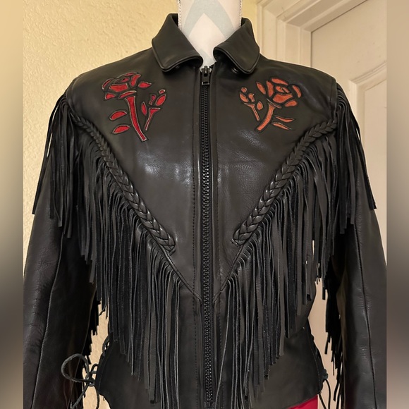 Black Fringe Leather Biker Jacket with Cut Out Rose Details - Picture 2 of 16